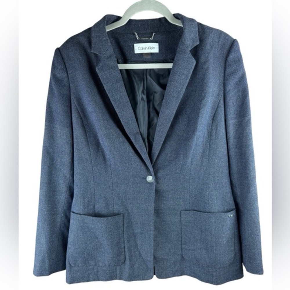 Calvin Klein women’s blue tweed single button business office blazer 14 flaw